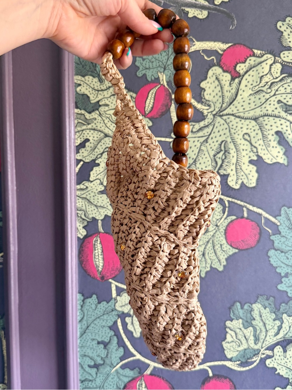 Handmade Woven Bead-Handle Shoulder Bag in Natural Tan